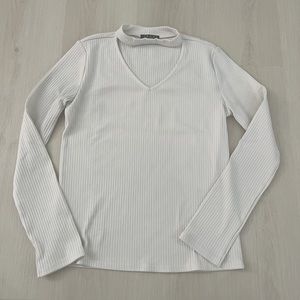 White mock neck cut out top